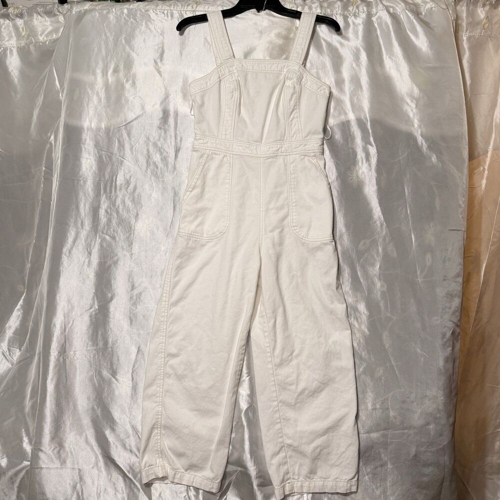 Japra White Denim Jumper Shirred Elastic Stretch Back Size Medium 100% Cotton
